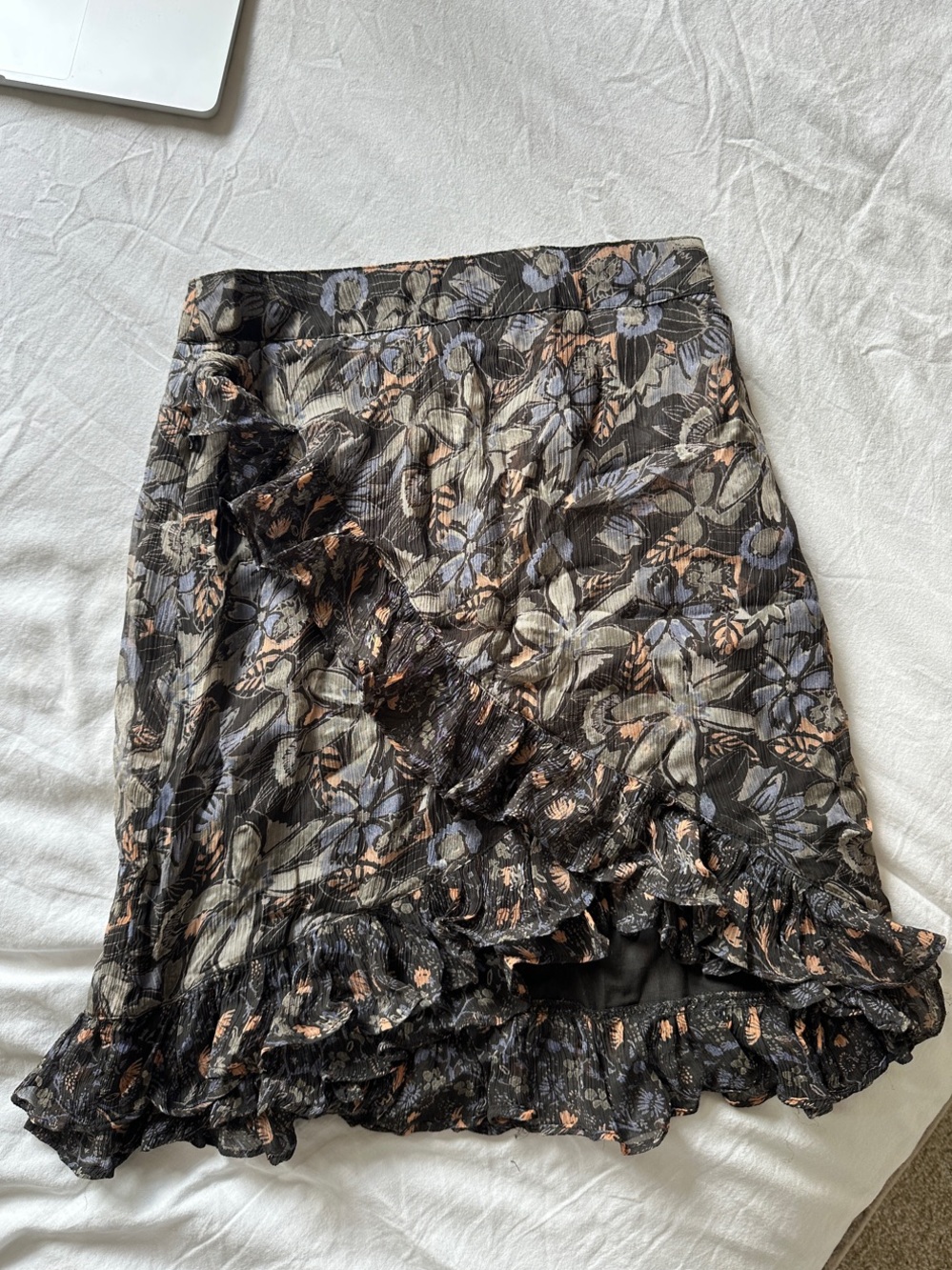 Free People Black Floral Ruffle Wrap Midi Skirt with Peach & Lavender Accents